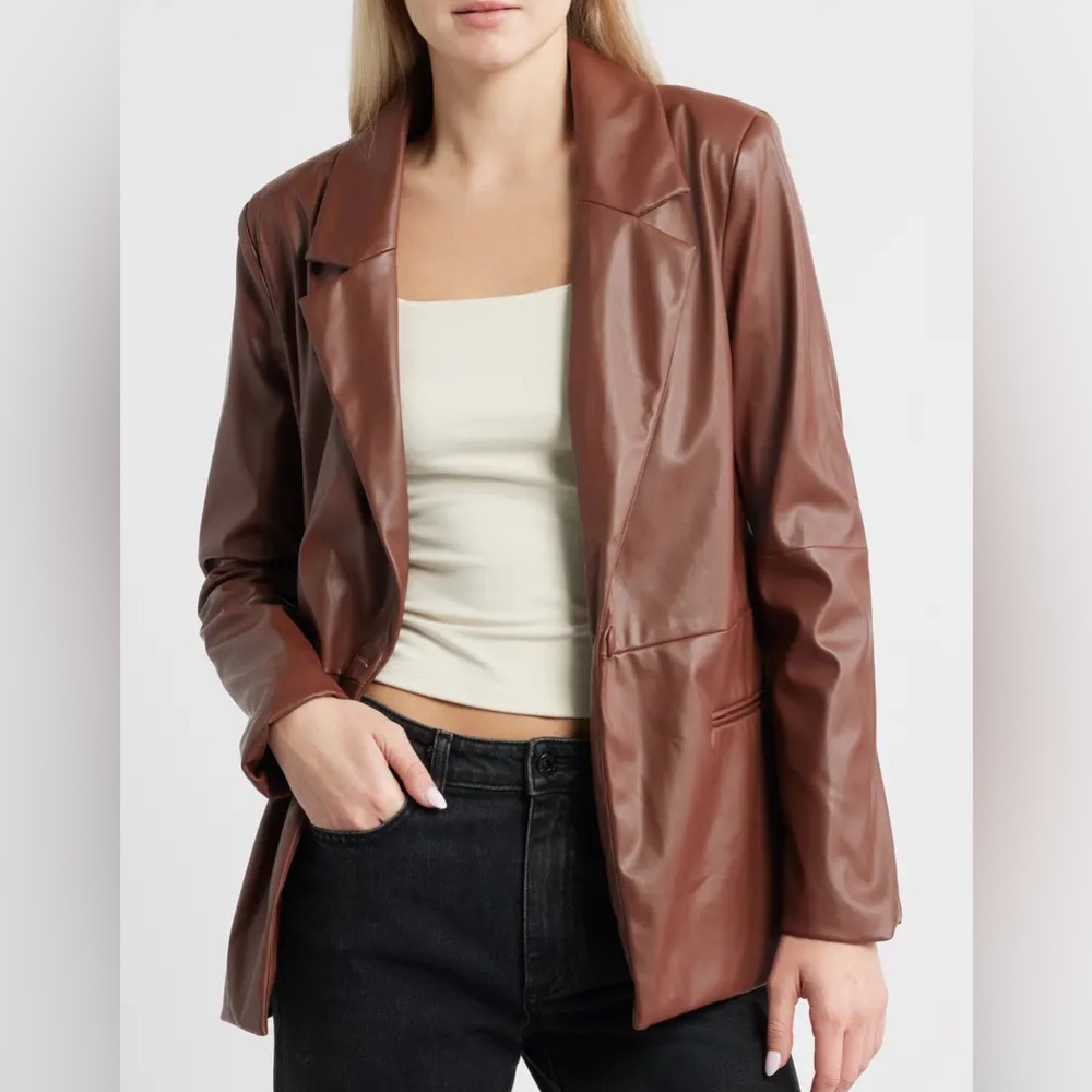 Princess Polly Faux Leather Blazer Button Front Closure With Twin Front Pockets